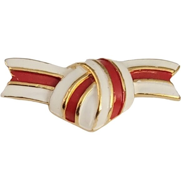 Trifari Crown Over T Gold tone Red White Enamel Love Knot Ribbon Bar Pin, Signed - Picture 2 of 9